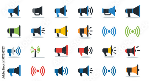 Collection of megaphone icons representing communication and announcements for various purposes.
