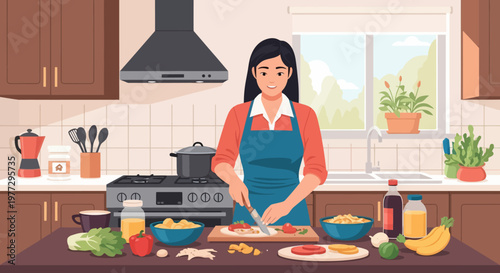 Woman Preparing Meal in Modern Kitchen.