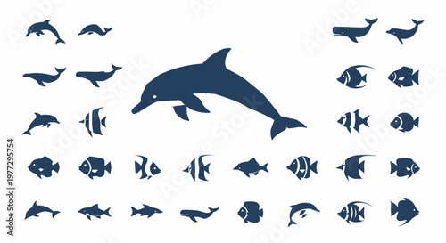 Collection of various aquatic animal silhouettes, including dolphins and fish, in a minimalist style.