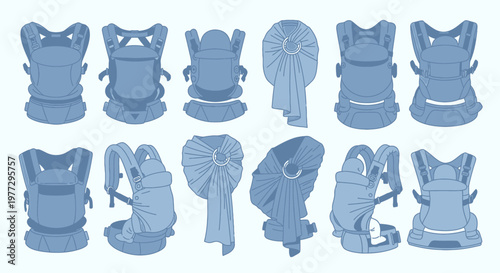 Collection of various baby carriers in different styles and designs for parents.