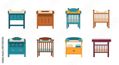 Collection of various baby changing tables and cribs in different colors and designs for nurseries.