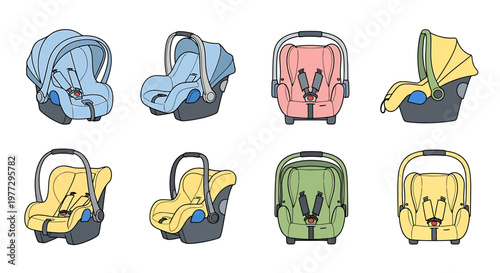 Collection of various colorful baby car seats for safety and travel.