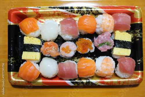 Assorted temari-zushi (ball-shaped sushi) purchased at a supermarket in Tokyo, Japan