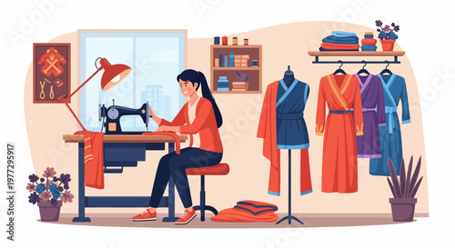 Woman Sitting at Sewing Machine Workspace.