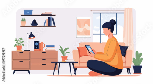 Woman Sitting on Floor Using Tablet.