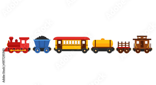 Colorful toy train set with various carriages on a white background.