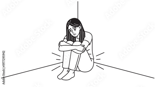 Girl curled up in a corner looking sad and depressed, conveying feelings of loneliness and isolation.