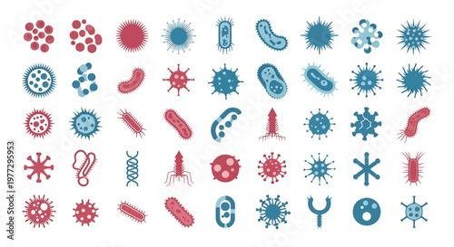 Diverse collection of colorful illustrations representing various microorganisms and pathogens.