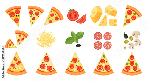 Delicious pizza slices and ingredients arranged on a white background, food concept.