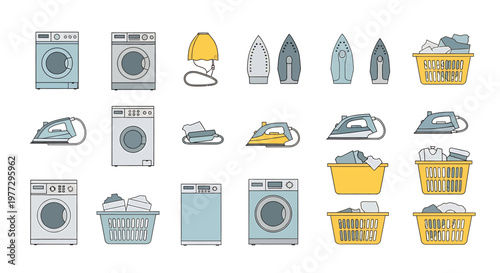 Laundry room appliances and items, washing machines, irons, and baskets of clothes.