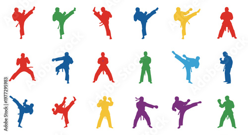 Karate silhouettes in various colors showcasing martial arts techniques and movements.