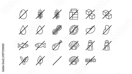 Icons representing food allergies and dietary restrictions with a clean, minimalist line art style on a white background.