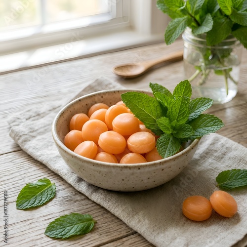 Fresh cantaloupe balls in a speckled ceramic bowl with mint leaves on a rustic wooden table by a window