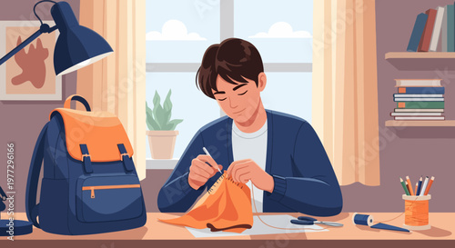 Young Man Writing with Backpack Nearby.