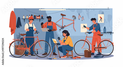 Bicycle Mechanics Working on Cycles in Workshop.