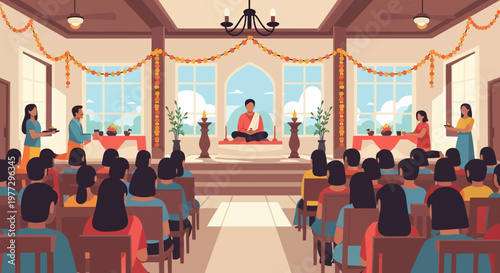 Buddhist Monk Sitting on Stage with Audience.