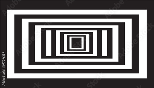 Rectangles nested within rectangles with black and white concentric shapes creating a tunnel effect, abstract graphic design.