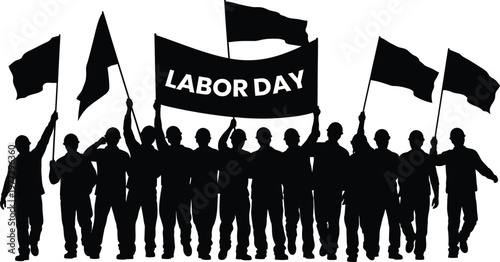 Labor day celebration silhouette a crowd with flags and banners