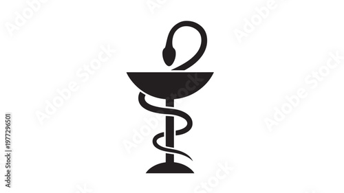 Rod of Asclepius symbol with a black snake entwined around a chalice, representing medicine and healing.