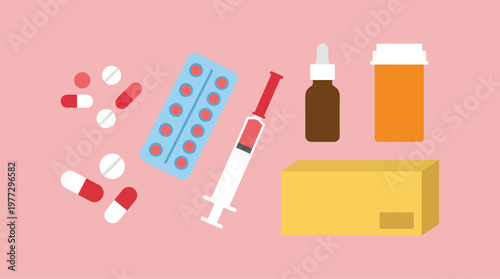 A collection of medical supplies and pills.