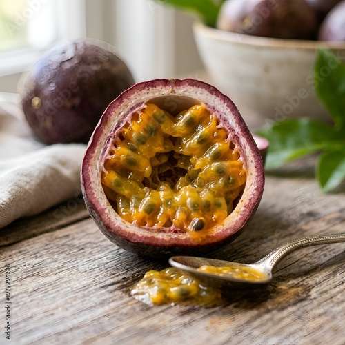 Fresh Passion Fruit Cut in Half on Wooden Table with Spoon and Pulp
