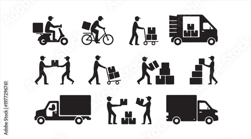 Vector illustration of logistics activities including courier delivery, package transport and service workflow symbols
