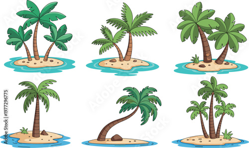 Tropical palm tree island collection featuring cartoon style coconut trees on small sandy islands with turquoise ocean water isolated on a white background.