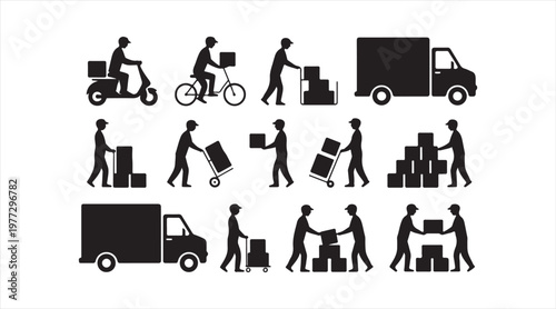Collection of courier and delivery worker icons representing logistics, package handling and transportation services in minimal vector style