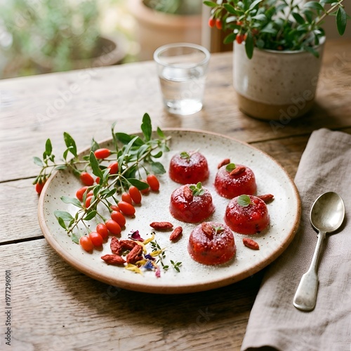 Delicious Red Fruit Dessert with Goji Berries and Herbs on Ceramic Plate