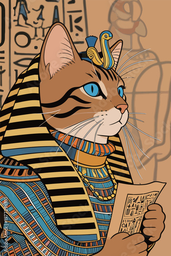 Egyptian Cat with Pharaoh Attire and Papyrus Scroll