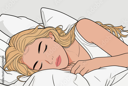 Blonde Woman Sleeping in Bed with White Sheets