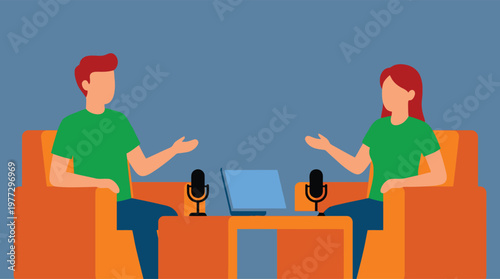 Two people discussing on a podcast.