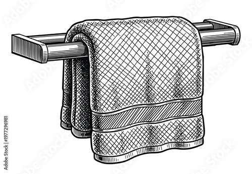 Towel on rack vector sketch illustration with crosshatch shading and details.