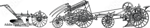 Vintage agricultural machinery vector collection featuring antique plow horse drawn equipment and retro farming tools for soil cultivation harvesting and rural heritage history projects.