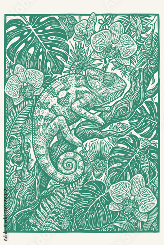Vector illustration of a chameleon camouflaged among lush tropical leaves, orchids, and a branch. Detailed nature art in engraving style.