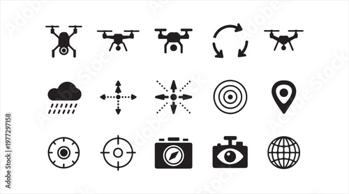 Vector illustration of UAV drones and navigation symbols including GPS, targeting, camera and connectivity icons