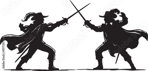 Two swashbucklers in silhouette dueling with swords