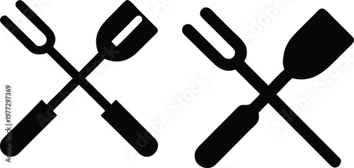 Crossed barbecue fork and spatula icons in two distinct graphic styles for outdoor cooking design.