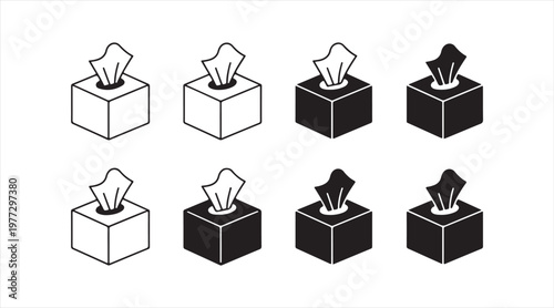 Tissue box symbol set in outline and solid design for hygiene, cleaning and healthcare concepts