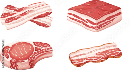 Raw Meat Illustration Set with Bacon Steak Pork Belly and Beef Cuts for Butcher Food Design Cooking Ingredient Collection