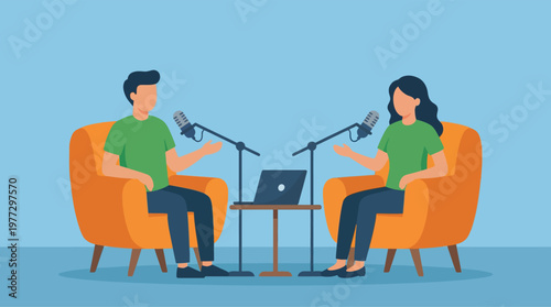 Two people recording a podcast episode.