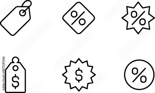 Discount icon set, sale tag symbols collection, percentage price labels, shopping offer line icons, modern retail marketing vector design elements