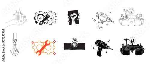 Collection of industrial and factory related icons isolated on transparent background