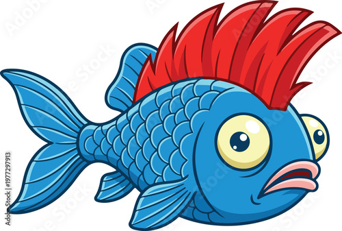 Funny cartoon blue fish with red mohawk hair
