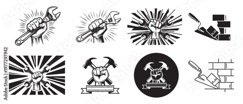 Hand drawn vector illustrations of strong fists holding tools and weights for power concepts