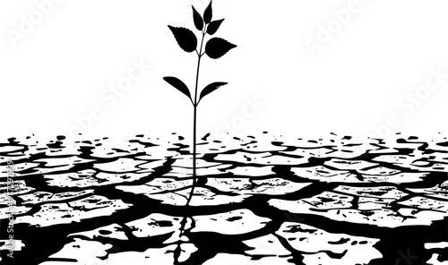 Sprout Cracked Ground Silhouette Famine Resilience Agriculture Hope Growth Vector