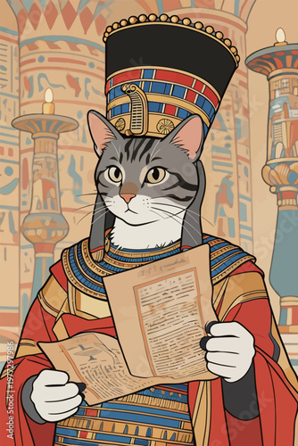 Egyptian Cat in Pharaoh's Attire with Papyrus Scrolls