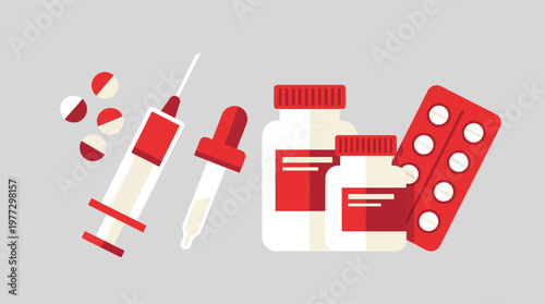Medical supplies and pills illustration.