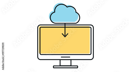 Colorful cloud download icon: desktop computer with cloud and arrow on screen, multicolor offset fill and black line vector illustration.