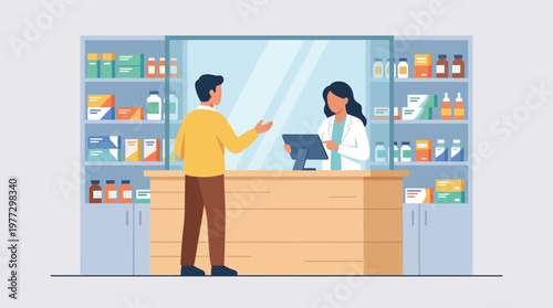 Pharmacist and customer at pharmacy counter.